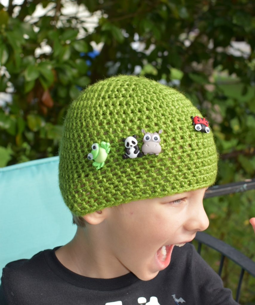 green crochet charm hat